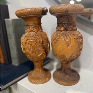 Vintage‎ Hand Carved Wooden Vases Candle Holders Set of 2 – Rustic Boho Decor
